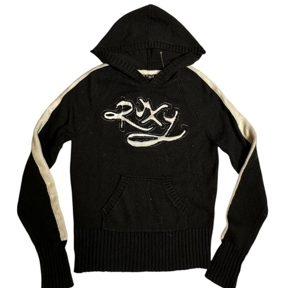 Vintage Y2K Roxy Black Knit Hoodie Sweater Chenille Logo Surf Skater Coquette